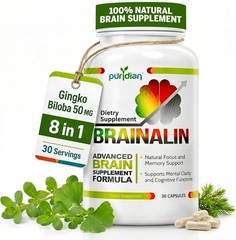 Puridian Brainalin Brain Memory Focus Supplement Ginkgo Alpha GPC 30 Capsules