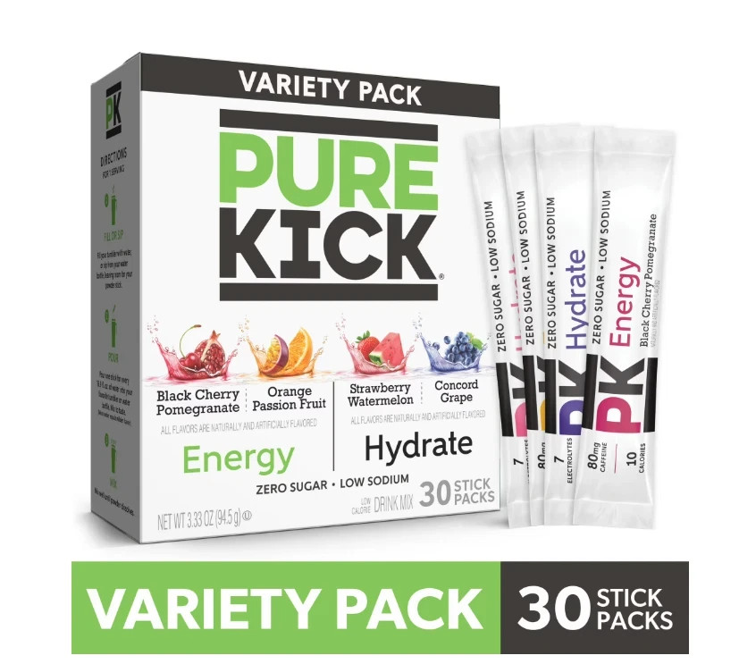 Pure Kick Energy & Hydration Powder Drink Mix Variety Pack, 30 Count Packets