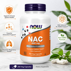 NOW NAC 600mg with Selenium 250 Veg Capsules Antioxidant Non-GMO Supplement