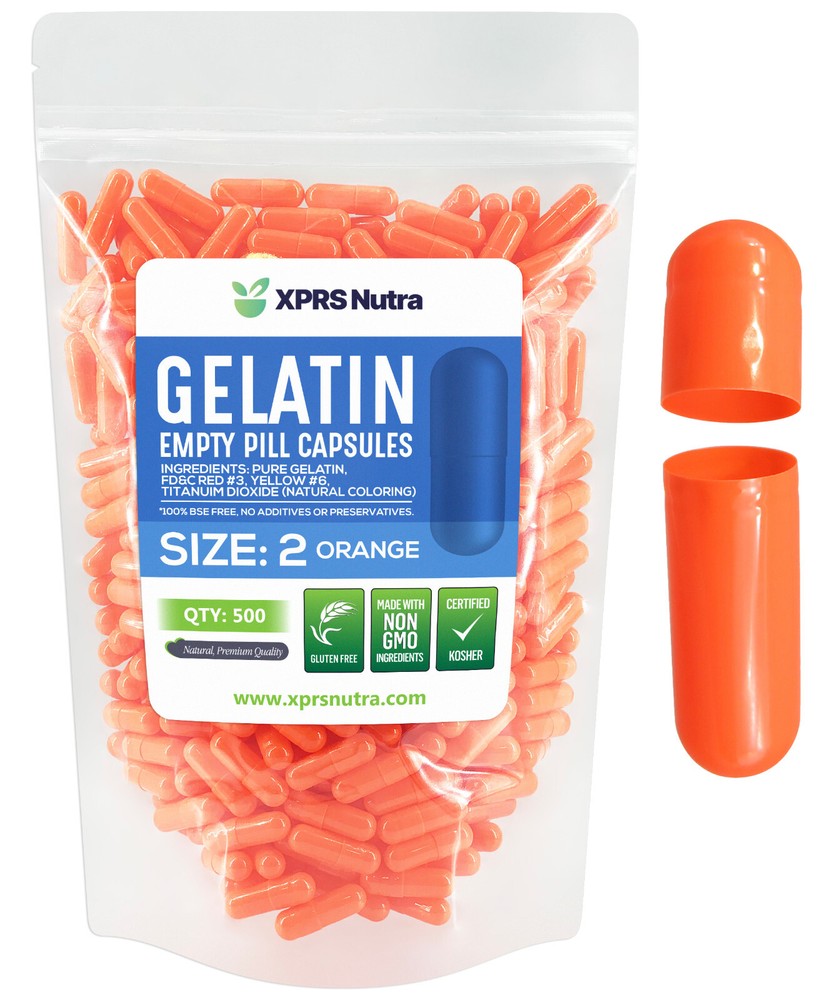 Capsules Express- Size 2 Orange Empty Gelatin Capsules Gelcaps Pill DIY Gel Caps