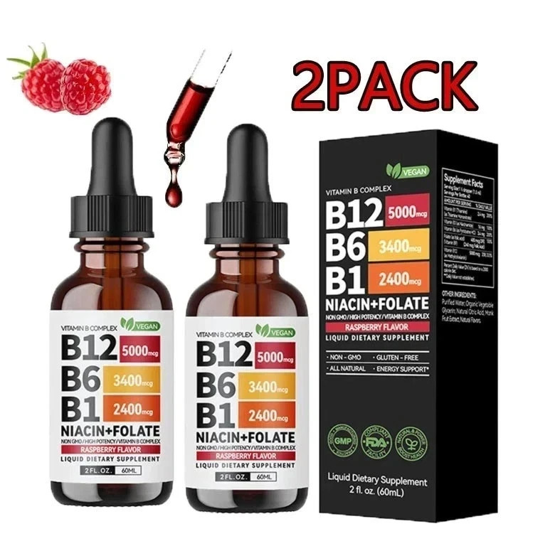 (2-PACK) Vitamin B12 Liquid Supplement Drops with B6, B1, Niacin & Folate – Edib