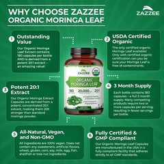 Zazzee Organic Moringa Extract 180 Capsules 7500 mg Strength 10:1 Antioxidant
