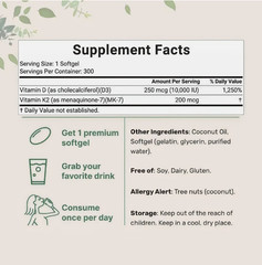 Vitamin D3 10000 iu Plus K2 (MK-7) 200 mcg, 300 Virgin Coconut Oil Softgels