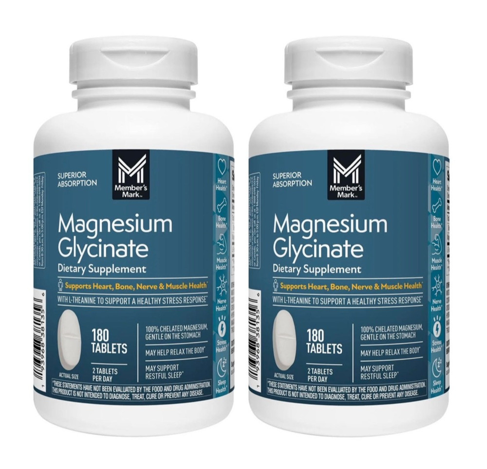 (2-Pack) Magnesium Glycinate Tablets 180 ct — Heart, Bone, Nerve, Muscle Health