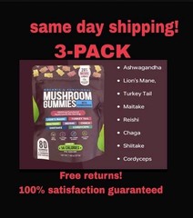 3-PACK Mushroom Gummies Organic with Ashwagandha Shiitake Turkey Tail Lions Mane
