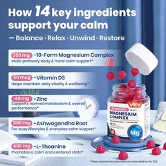 VEV Deep Calm Magnesium Complex14-in-1 Gummies – 90 Count (Pack of 1), Purple