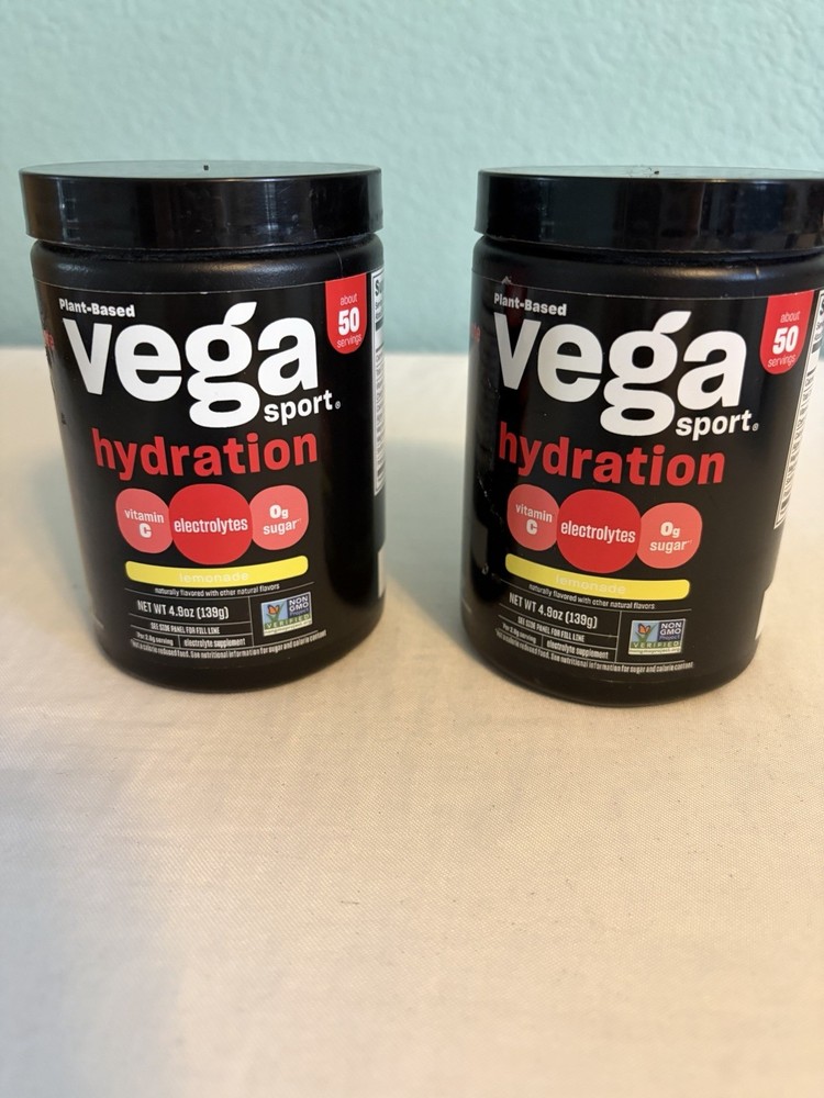 Vega Sport Hydration Powder 4.9oz Lot Of 2 Jars Lemonade Flavor Plant Base 01/28
