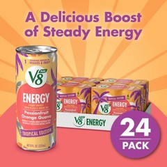 V8 +Energy Passionfruit Orange Guava Juice Energy Drink, (6 Pack) (Case of 4)