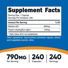 Nutricost Betaine HCl + Pepsin 790mg, 240 Capsules – Gluten Free & Non-GMO