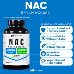 Healthfare N-Acetyl L-Cysteine (NAC) 1300mg | 240 Capsules Max Strength Veg Caps