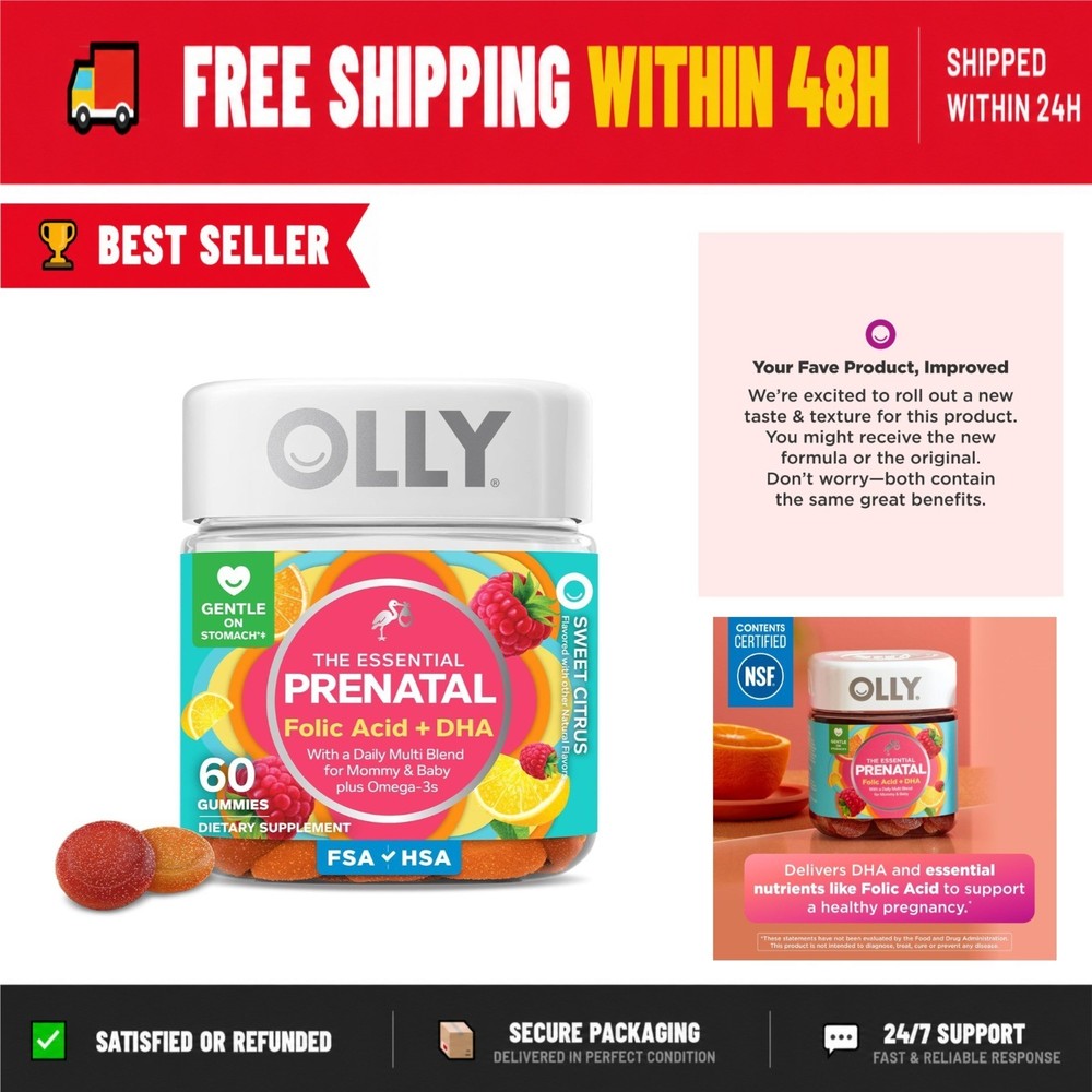 OLLY Prenatal Multivitamin Gummy – Folic Acid & DHA – 60 Count