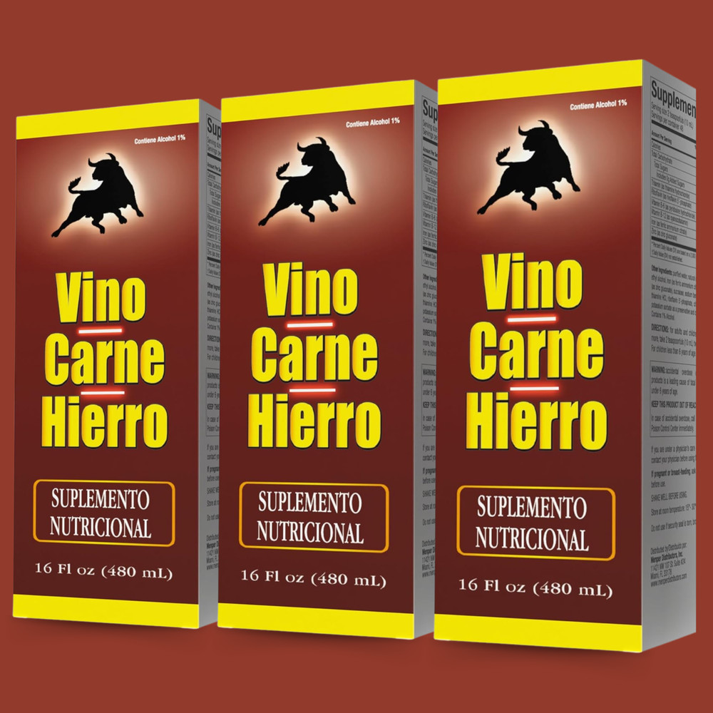 Menper Vino Carne Hierro Supplement with Iron & B Vitamins – 16 fl oz (3-Pack)