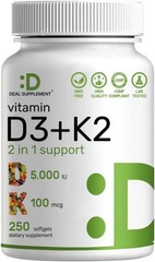 DEAL SUPPLEMENT Vitamin D3 5,000 IU + K2 MK7 Softgels,250 Count | 2-in-1 Complex