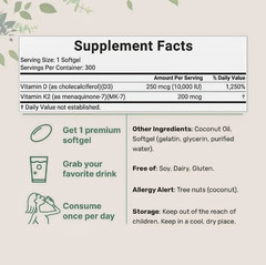 Vitamin D3 10000 iu Plus K2 (MK-7) 200 mcg, 300 Virgin Coconut Oil Softgels