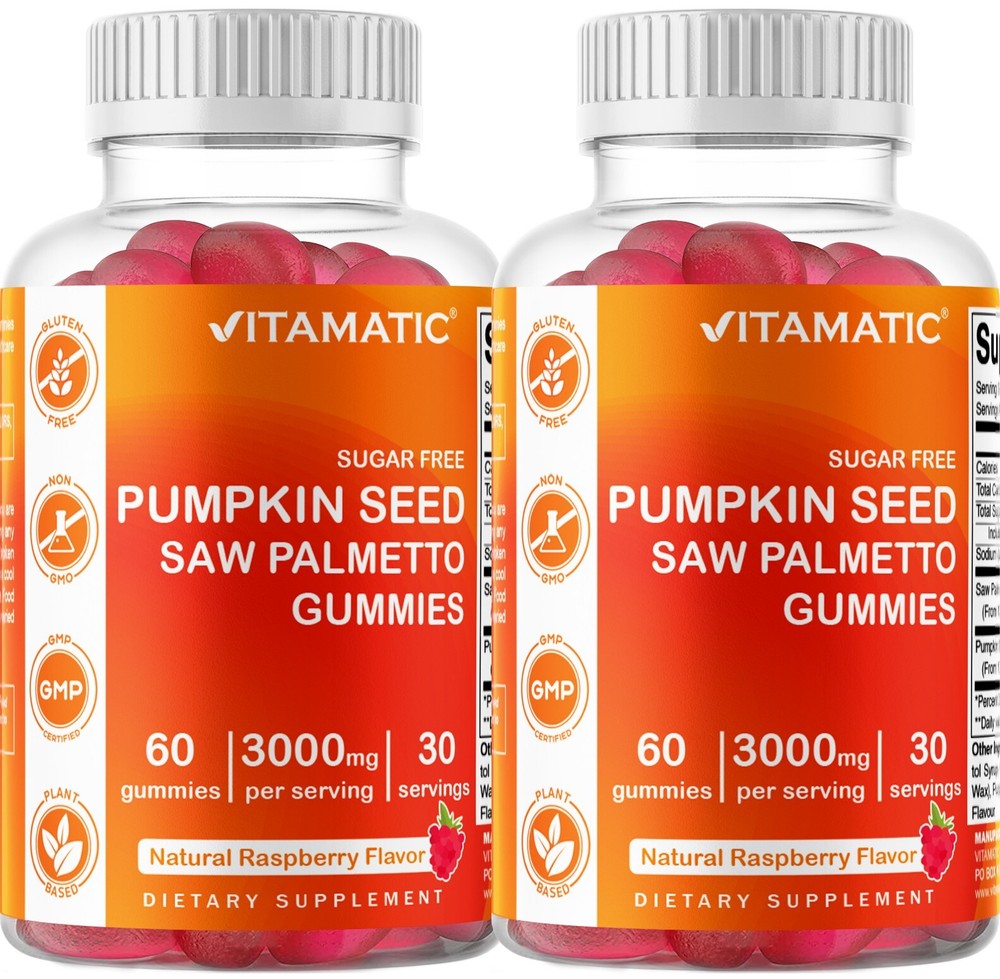 Vitamatic 2 Packs Sugar Free Pumpkin Seed Gummies Natural Raspberry Flavor-60 ct