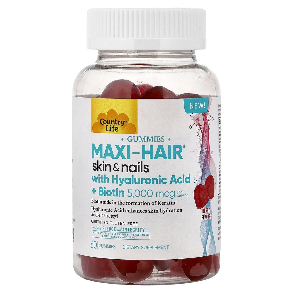 2 X Country Life, Maxi-Hair� Skin & Nails Gummies with Hyaluronic Acid + Biotin
