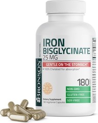 Bronson Iron Bisglycinate 25mg Supports Energy Non-Constipating 180 Veg Capsules