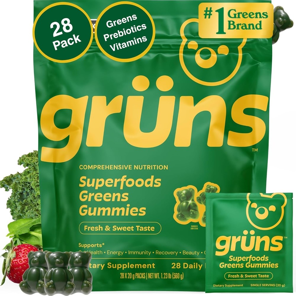 Gruns Super Greens Gummies – 28ct – Spirulina, Chlorella & Prebiotic
