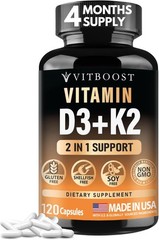 Vitamin D3 K2 5000 IU 120 Capsules MK-7 Non GMO Gluten Free USA