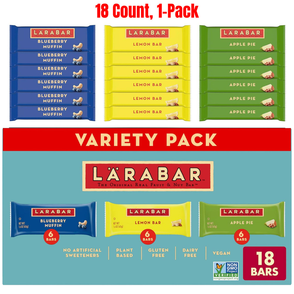 LARABAR Fruit & Nut Bars Variety 18-Pack,1.6 oz Each, Blueberry, Lemon, Apple