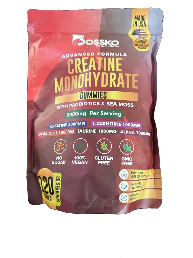 Bossko 5000mg Creatine Monohydrate Gummies Strawberry 120 w/ Sea Moss Vegan