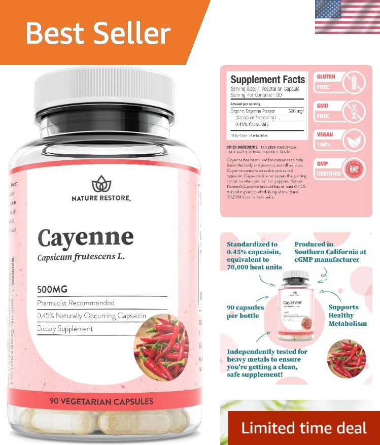 Cayenne Pepper Supplement – 70,000 Scoville Heat Units, 90 Capsules for Energy