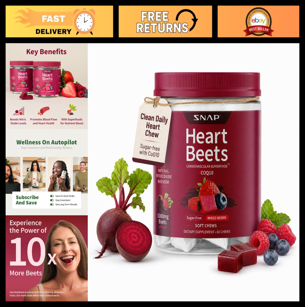 Beet Root Soft Chews for Adults 35+, Sugar Free Heart Health Support, Vegan, 60