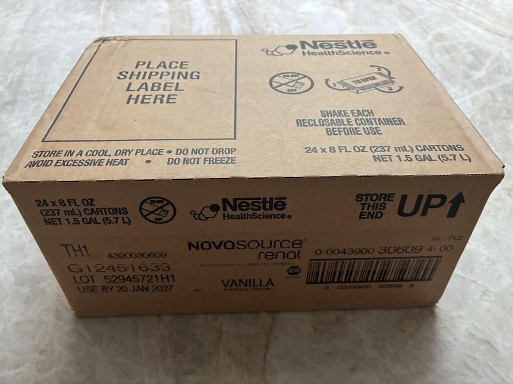Case of 24 Nestle Vanilla Flavor Novasource Renal Formula 8 oz Cartons EXP 12/27