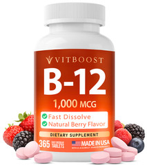 VITBOOST Vitamin B12 1000 mcg Chewable Tablets – 365 Count Natural Berry Flavor