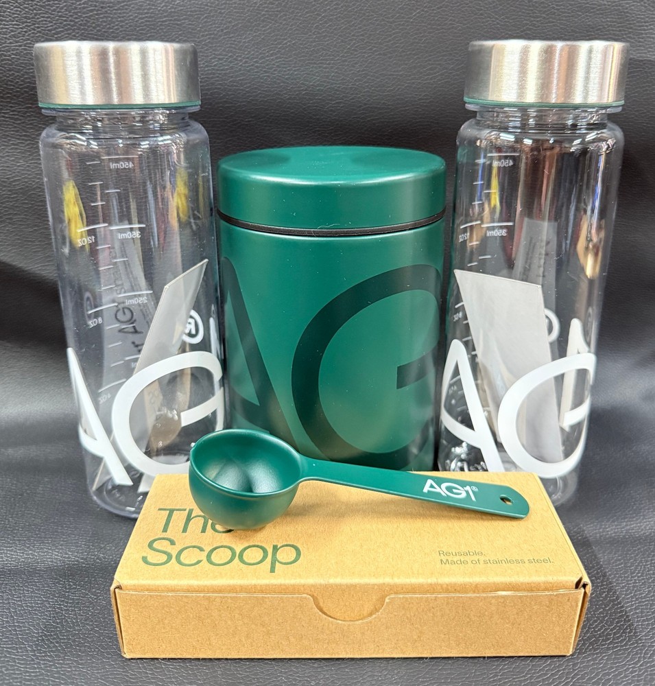 AG1 Athletic Greens Metal Canister with Metal Scoop and 2x Mixing Bottle