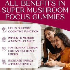 New Mushroom Focus Gummies Lion’s Mane Alpha GPC Rhodiola 60 Vegan Gummies