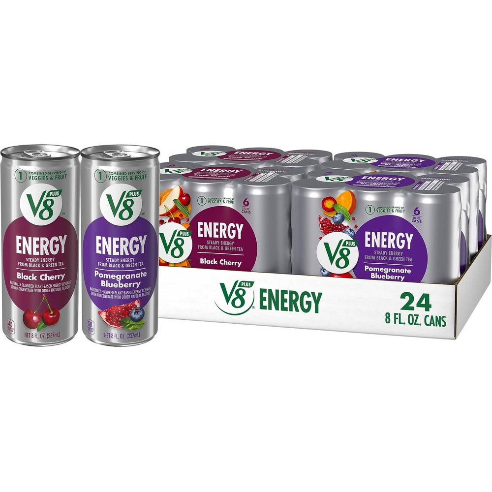 V8 +Energy Black Cherry and Pomegranate Blueberry Juice Energy Drinks, 24 Pack