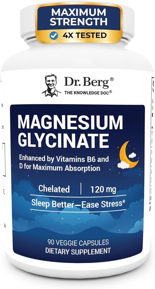 Dr. Berg Magnesium Glycinate 90ct 4-in-1 Chelated for Muscle Nerve Sleep Stress