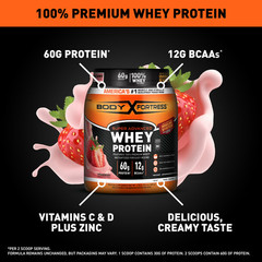 Body Fortress 100% Whey Protein Powder Strawberry 60g Protein BCAAs Immune 1.78l