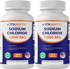 Electrolyte Replenisher Sodium Chloride 1000mg – 365 Tablets, 2 Bottles, Non-GMO