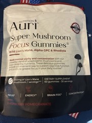 Mushroom Gummies 60 Count Pack Auri Nutrition Super Focus w Lions Mane – NEW