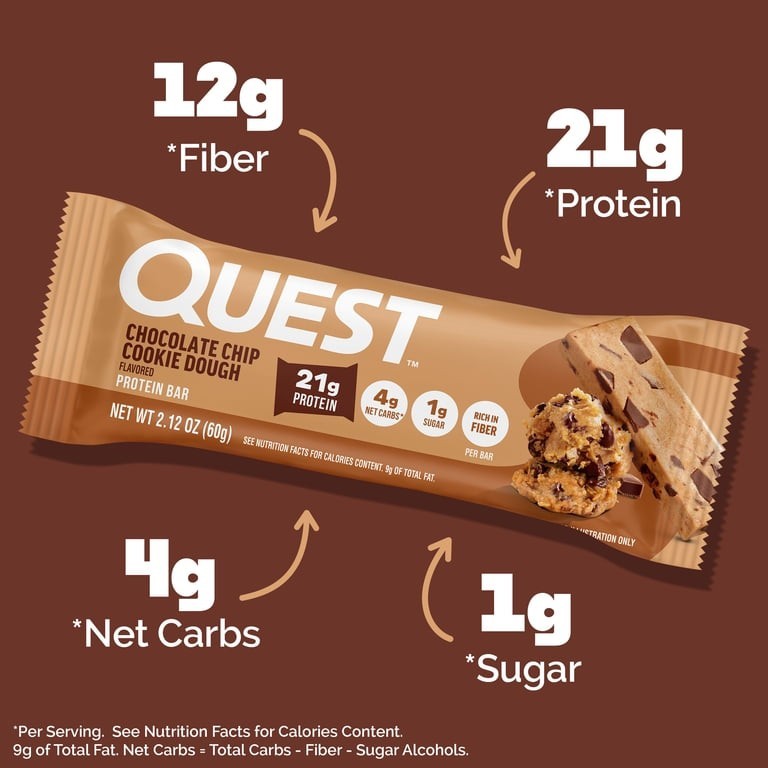 Quest Protein Bar Chocolate Chip Cookie Dough 21g Protein GF 2.12 oz 12 Pack