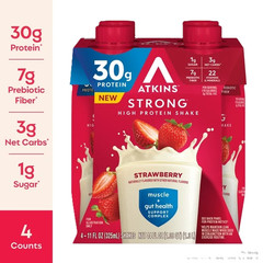 Atkins Strong, High Protein Shake,Strawberry Flavor,30g of Protein,4 Count.
