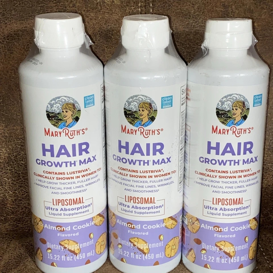 3 New Bottles Mary Ruth’s Hair Growth Max Liposomal Almond Cookie 15.22 floz Lot