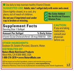 Vitamin D3, 25 mcg. 1000 IU 650 Softgels, Nature Made D 3, Vitamin
