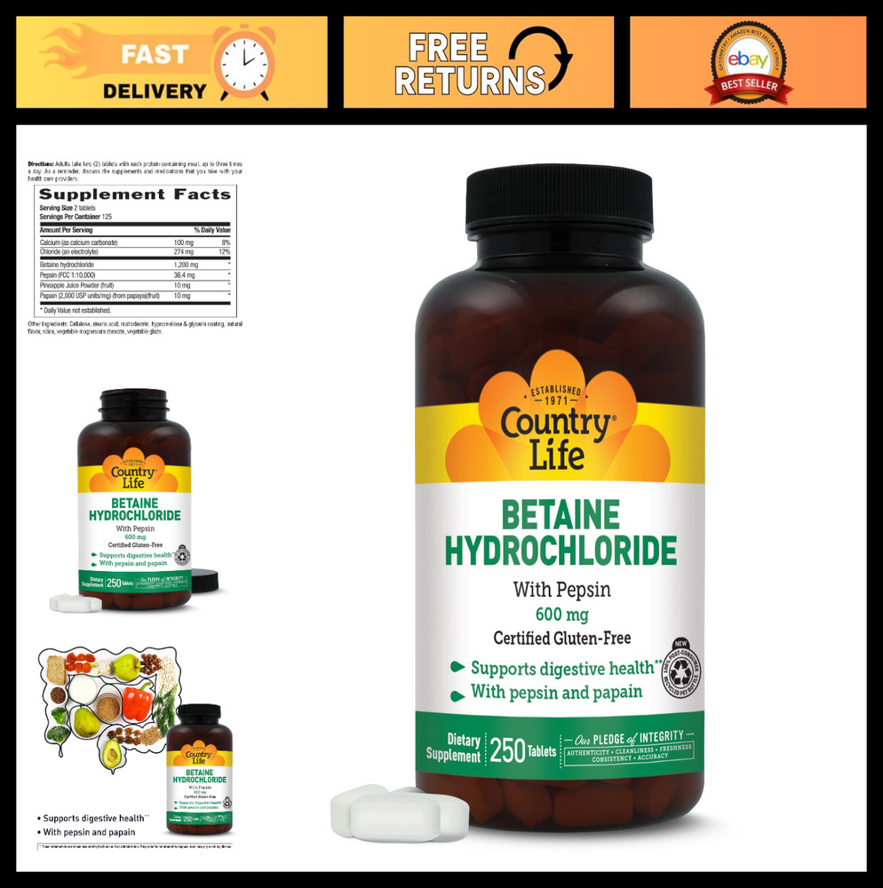Betaine Hydrochloride with Pepsin 600mg – Digestive Support, 250 Tablets