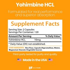 Healthfare Yohimbine HCL 10mg | 240 Capsules Support Energy Max Potency Formula