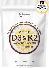 Vitamin D3 10000 iu Plus K2 (MK-7) 200 mcg, 300 Virgin Coconut Oil Softgels NEW