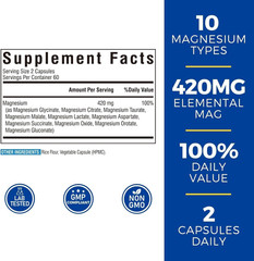 Magnesium Complex 10 in 1 420mg Chelated 120 Vegan Capsules Non GMO