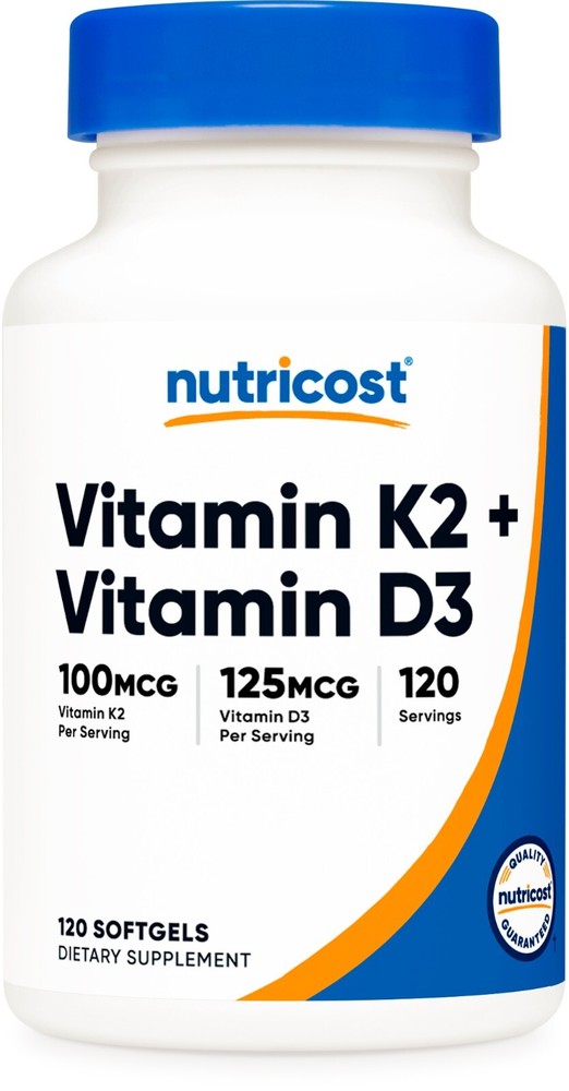 Nutricost Vitamin K2 (100mcg) + Vitamin D3 (5000 IU) 120 Softgels – Gluten Free