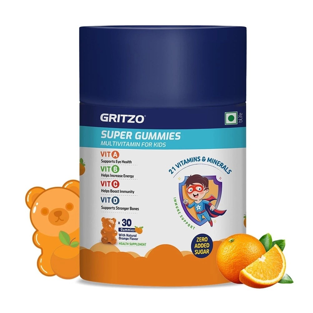 Gritzo Super Multivitamin Gummies For Kids Natural Orange Flavour 21 Vitamins K2