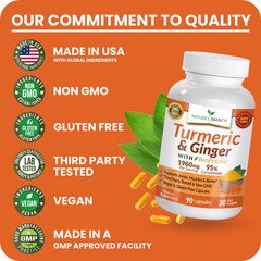 ☀ Max Strength Turmeric and Ginger With BioPerine Black Pepper | 90 Capsules