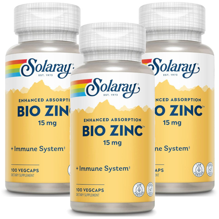 Solaray Bio Zinc (15mg) 100 Vcaps Each (Pack of 3)