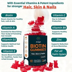Hair Skin Nails Biotin Gummies Raspberry Chew, vegan supplement- 60 count