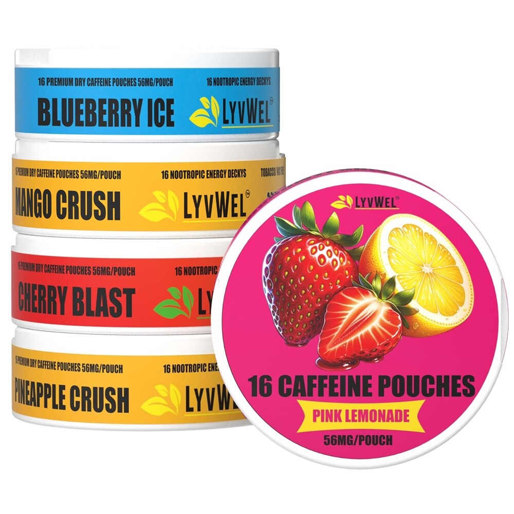 Lyvwel Variety Pack 56mg Caffeine 16 Pouches x 5 Jars Energy Grinds Upper Decky